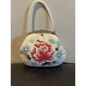 All-Beaded Bag Kimono White Pink Japanese-Style Stylish Kiss Lock Second-Hand K